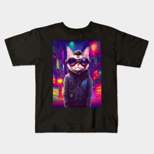 Techno Cat In Japan Neon City Kids T-Shirt